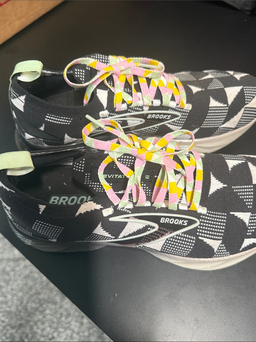 Brooks Black Geometric Slip-On Sneakers with Pink & Yellow Laces